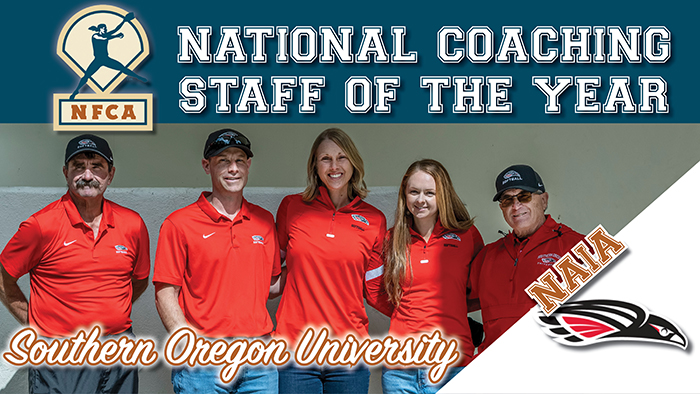 naia, NFCA, NFCA naia national coaching staff of the year, Southern Oregon University, Jessica pistole, mike mayben, Harley Donovan, Cheyenne bricker, Greg Winner