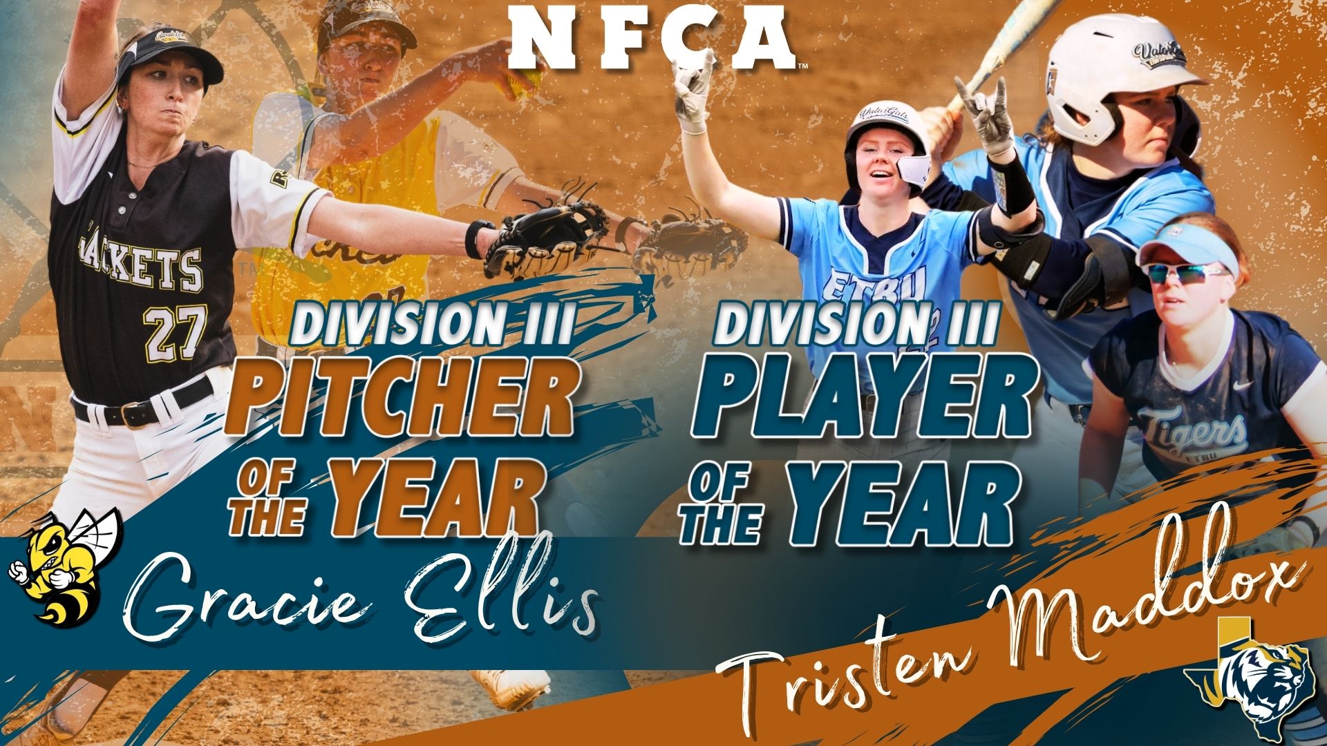 NFCA Division III National Player of the Year, NFCA Division III National Pitcher of the Year, nfca, player, pitcher, D3, Division III, DIII, softball, fastpitch, sports, award, trophy, honor, recognition, repeat, 2025, ETBU, East Texas, Baptist, Randolph-Macon, Randolph, Macon, Gracie, Ellis, Tristen, Maddox, pitcher, shortstop,