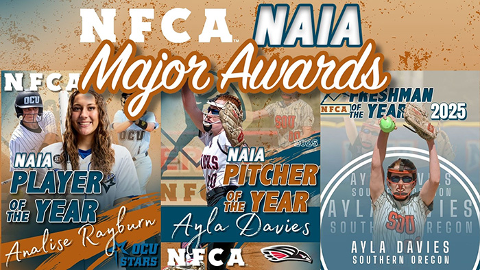 2025 NFCA NAIA Freshman of the Year, 2025 NFCA NAIA Player of the Year, 2025 NFCA NAIA Pitcher of the Year, nfca, Analise Rayburn, Ayla Davies, Southern Oregon University, Oklahoma City University, Oklahoma City softball, Southern Oregon Softball