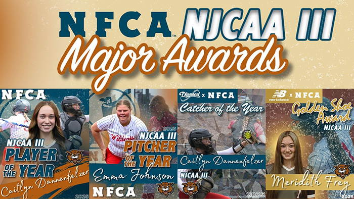 2025 NFCA NJCAA Division III Major awards, NFCA, NJCAA, Division III, DI, NFCA NJCAA Division III Player of the Year, NFCA NJCAA Division III Pitcher of the Year, New Balance/NFCA NJCAA Division III Golden Shoe Award, Diamond Sports/NFCA Catcher of the Year. North Dakota College of Science, Caitlyn Dannenfelzer, Emma Johnson, Meridith Frey