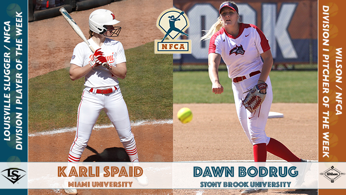 Karli Spaid, Miami University softball, nfca. stony brook softball, Dawn Bodrug, Wilson, Louisville slugger, wilson/nfca di pitcher of the week, Louisville slugger/nfca player of the week, nfca player of the week, nfca pitcher of the week
