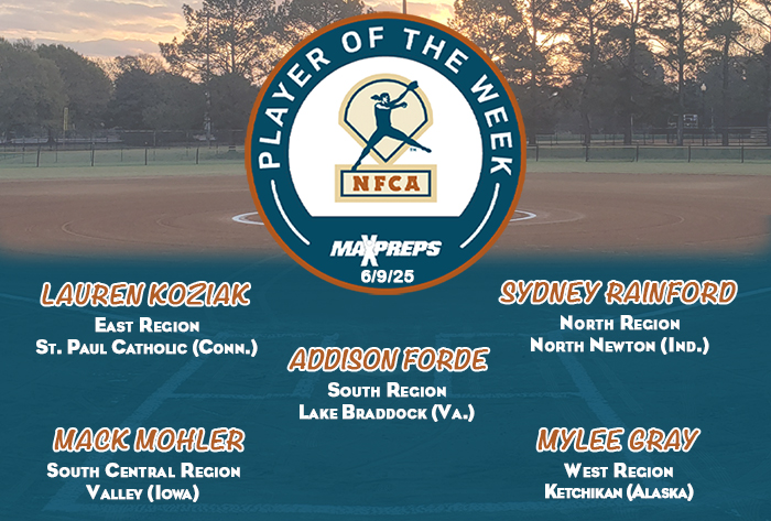 MaxPreps/NFCA High School Player of the Week, nfca, maxpreps, Player of the Week, east, north, south, central, west, nfca, maxpreps, 2025, koziak, st. paul, catholic, connecticut, lauren, north, newton, indiana, sydney, rainford, lake, braddock, virginia, addison, forde, valley, iowa, mack, mohler, ketchikan, alaska, mylee, gray,