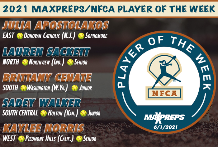 nfca, nfca high school player of the week, maxpreps, maxpreps/nfca high school player of the week, nfca/high school player of the week, Kathryn Gallant, Estelle Bronson, Morgan Cooper, Natalie Henry, Kara leeger, high school softball player of the Week